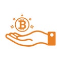 Cryptocurrency, bitcoin, hand icon. Orange vector sketch.