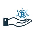 Cryptocurrency, bitcoin, hand icon. Simple vector sketch.