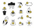 Cryptocurrency. Bitcoin icons set. Line financial objects, outline crypto coins, blockchain technology. Mining, exchange and groth