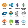 Cryptocurrency bitcoin, litecoin ethereum vector flat icons