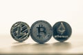 Cryptocurrency bitcoin, litecoins, ethereum black and white filter.