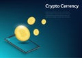 Cryptocurrency Bitcoin with Smartphone, blockchain technology, money market, finance, vector illustration.