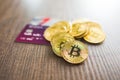 Cryptocurrency. Bitcoin virtual money. Golden coins and credit cards