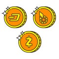 Cryptocurrency black outline gold icons dash, bitshares, zcash