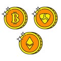 Cryptocurrency black outline gold icons ethereum, bitcoin, nem