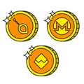 Cryptocurrency black outline gold icons monero, waves, siacoin