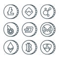 Cryptocurrency black outline icon set isolated Royalty Free Stock Photo