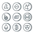 Cryptocurrency black outline icon set isolated