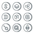 Cryptocurrency black outline icon set isolated Royalty Free Stock Photo