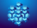 Cryptocurrency and blockchain, abstract isometric 3D illustration. Cryptocurrency mining farm, vector technology background
