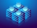 Cryptocurrency and blockchain, abstract isometric 3D illustration. Cryptocurrency mining farm, vector technology background