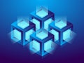Cryptocurrency and blockchain, abstract isometric 3D illustration. Cryptocurrency mining farm, vector technology background