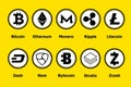 Cryptocurrency blockchain icons a yellow background. Set virtual currency.Vector trading signs: bitcoin, ethereum, monero, ripple,