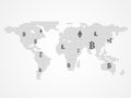 Cryptocurrency and blockchain infographic on world map.