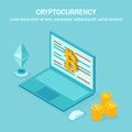 Cryptocurrency and blockchain. Mining bitcoins. Digital payment with virtual money, finance. 3d isometric computer, laptop with