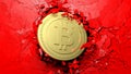 Golden bitcoin breaking forcibly through a red wall. 3d illustration.
