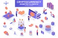 Cryptocurrency bundle of isometric elements. Bitcoin, litecoin and ethereum cryptocurrency, mining hardware, fintech