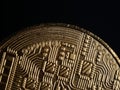 Cryptocurrency business concept. Close up of gold altcoin in hand. World cryptocurrency business. Modern blockchain technology. In