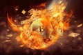 Cryptocurrency Chaos: A Fiery Bitcoin Tornado Sweeping Banknotes