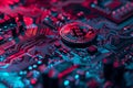 Cryptocurrency coin on a computer motherboard, crypto currency mining concept. Tokens Blockchain.By generative Ai