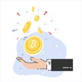 Cryptocurrency coin drop with hands, give and receive money, flat vector illustration isolated on white background. Cryptocurrency