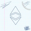 Cryptocurrency coin Ethereum classic ETC line sketch icon isolated on white background. Physical bit coin. Digital