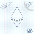 Cryptocurrency coin Ethereum ETH line sketch icon isolated on white background. Physical bit coin. Digital currency