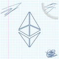 Cryptocurrency coin Ethereum ETH line sketch icon isolated on white background. Physical bit coin. Digital currency