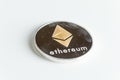 Gold cryptocurrency coin ethereum isolated on white background.