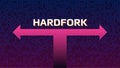 Cryptocurrency coin hardfork text over the split arrows.