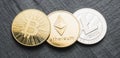 Cryptocurrency coins - Bitcoin - Cash, Ethereum, Litecoin