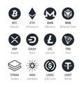 Cryptocurrency coins with caption in black and white