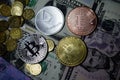 Cryptocurrency coins Ethereum and Bitcoin on US dollars