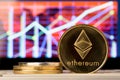 Cryptocurrency coins - ethereum and other close up