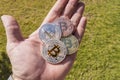 Cryptocurrency coins in a hand; Bitcoin Royalty Free Stock Photo