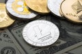 Cryptocurrency coins - litecoin and other close up