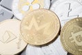 Cryptocurrency coins - Monero and other close up Royalty Free Stock Photo