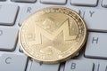Cryptocurrency coins - Monero and other close up Royalty Free Stock Photo