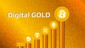 Cryptocurrency coins on pedestals of gold on a gold background.