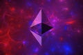 A cryptocurrency concept. Of the Ethereum symbol. With a quantum, science fiction background design