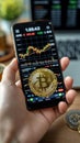 Cryptocurrency concept Hand holding Bitcoin, smartphone displays stock chart