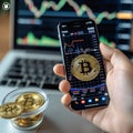 Cryptocurrency concept Hand holding Bitcoin, smartphone displays stock chart