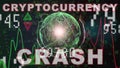 Cryptocurrency crash text on Stock market graph with bar chart price display, trading screen, chart bars