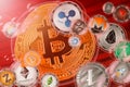 Cryptocurrency crash; top cryptocurrency coins in a bubbles on the binary code background