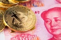 Cryptocurrency digital currency close up renminbi yuan bitcoin china Royalty Free Stock Photo