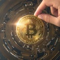 Cryptocurrency display Bitcoins, Gold Coins, and space for your concept