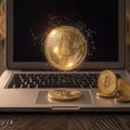 Cryptocurrency display Bitcoins, Gold Coins, and space for your concept