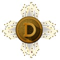 Cryptocurrency dogecoin coin with circuit lines