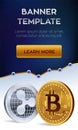 Cryptocurrency editable banner template. Bitcoin. Ripple. 3D isometric Physical bit coins. Golden bitcoin and siver Ripple coins.