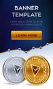 Cryptocurrency editable banner template. Tron. 3D isometric Physical bit coin. Golden and silver Tron coins. Stock